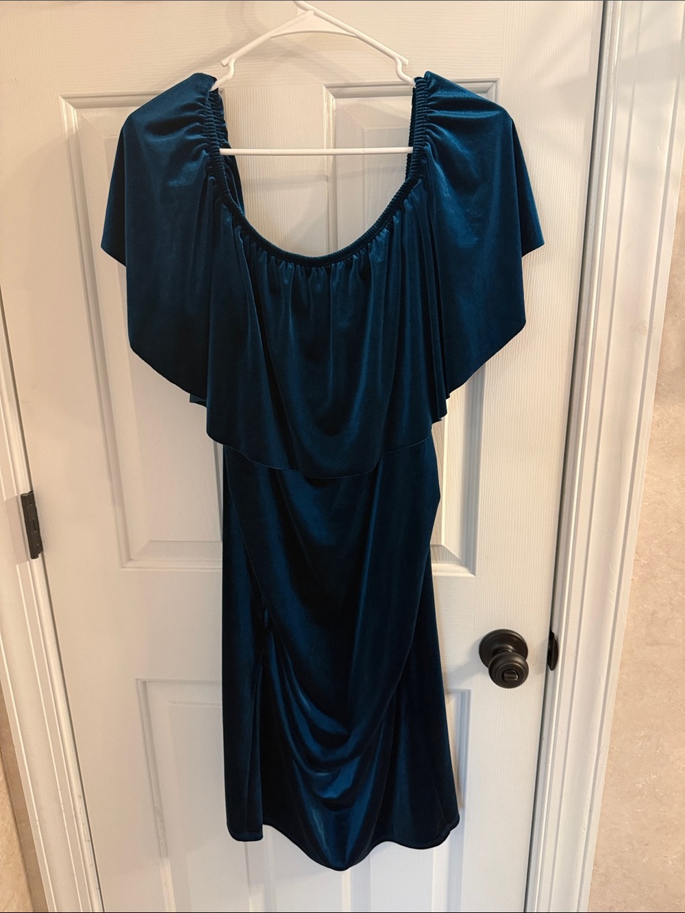Maternity Off-Shoulder Velvet Midi Dress in Deep Teal